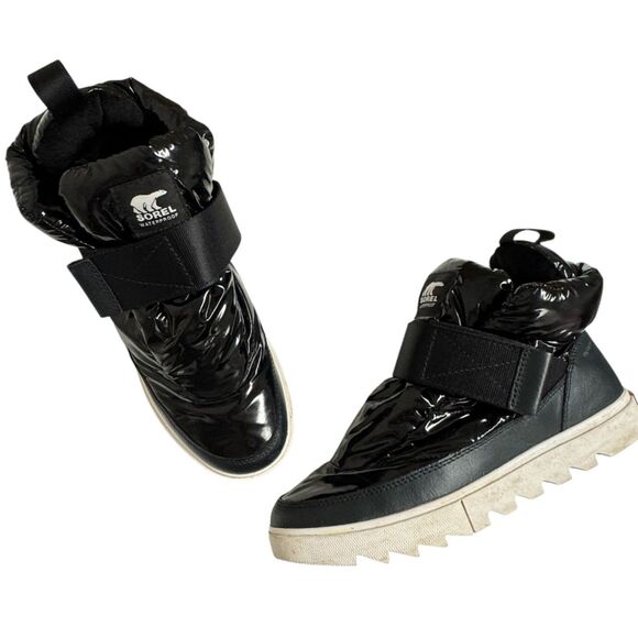 Sorel Joan of Arctic Next Strap Puff Boot Shiny Black Nylon Waterproof Sneaker - Picture 1 of 11